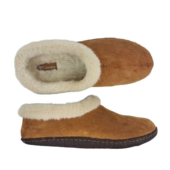 Columbia Women's Suede Brown Faux Fur Lining Slippers Rubber Outsole Size 10 - Picture 1 of 14
